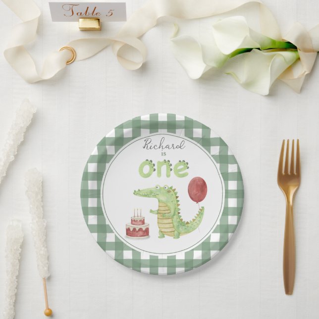 Watercolor Crocodile 1st birthday Paper Plate (Wedding)