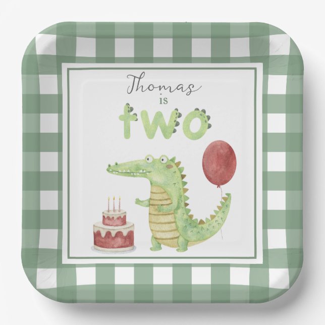 Watercolor Crocodile 2nd birthday Paper Plate (Front)