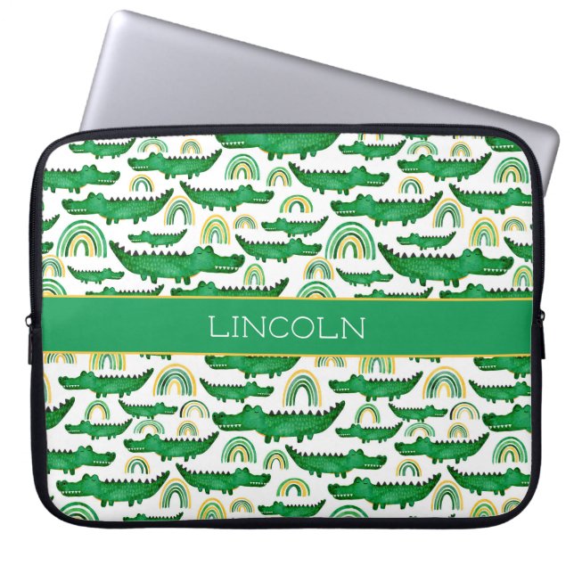 Watercolor Crocodile Alligator Rainbow Personalise Laptop Sleeve (Front)