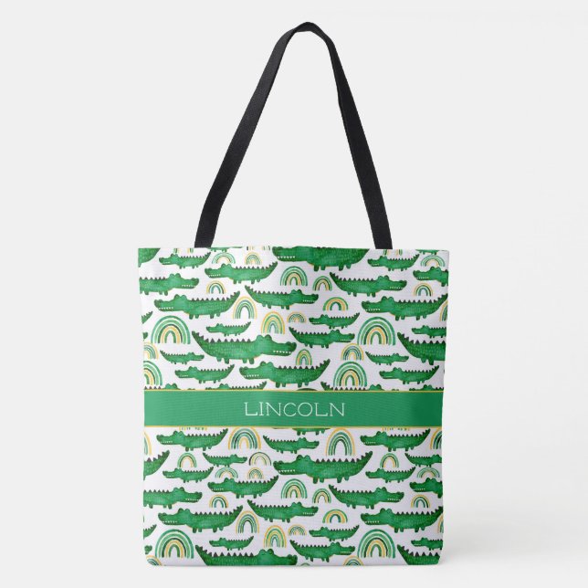 Watercolor Crocodile Alligator Rainbow Personalise Tote Bag (Front)