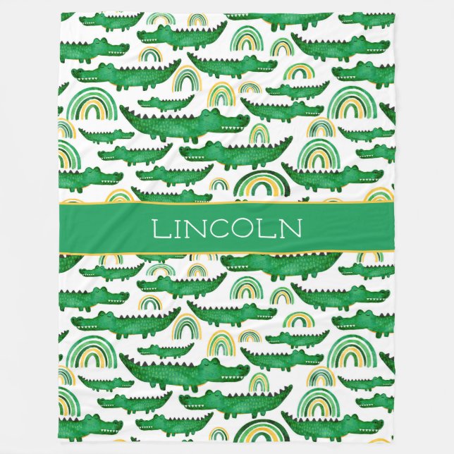 Watercolor Crocodile Alligator Rainbow Personalize Fleece Blanket (Front)