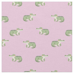 Watercolor Crocodiles on Light Pink Fabric