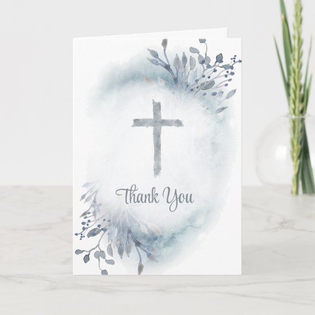 watercolor Cross and foliage Thank you Card (Front)