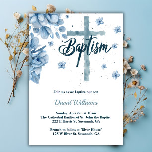 Watercolor Cross Florals Dusty Blue Boy Baptism Invitation