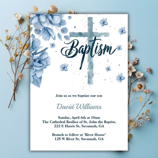 Watercolor Cross Florals Dusty Blue Boy Baptism Invitation (Watercolor Cross Florals Dusty Blue Boy Baptism Invitation)