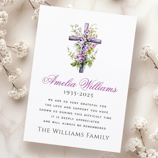 Watercolor cross flower funeral sympathy thank you card (Watercolor cross flower funeral sympathy thank you)