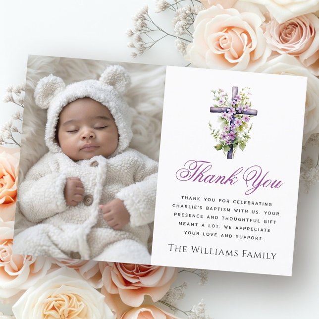 Watercolor cross purple flower baptism thank you card (Watercolor cross purple flower baptism thank you)