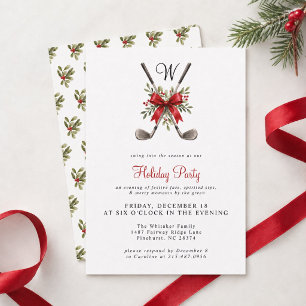Watercolor Crossed Golf Clubs Monogram Christmas Invitation