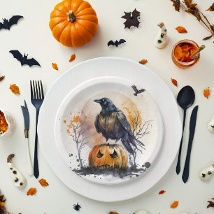 Watercolor Crow Halloween Paper Plate