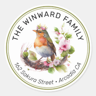 Watercolor Crowned Spring Bird Address Classic Round Sticker