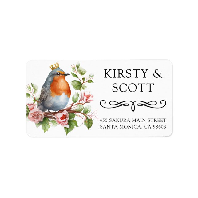 Watercolor Crowned Spring Robin Address Label (Front)