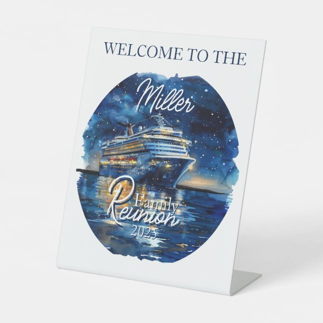 Watercolor Cruise Ship Family Reunion Pedestal Sign (Front)