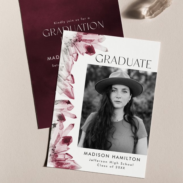 Watercolor Crystal Burgundy Photo Graduation Party Invitation (Creator Uploaded)