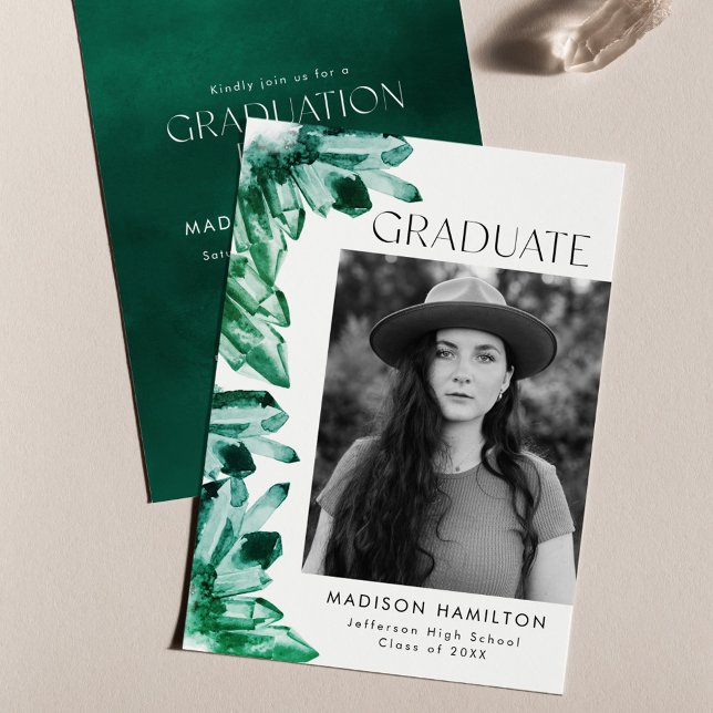 Watercolor Crystal Green Photo Graduation Party Invitation (Creator Uploaded)