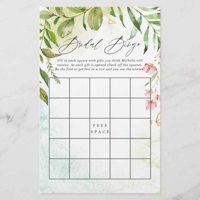 Watercolor Crystal Greenery Bridal Bingo (Front)