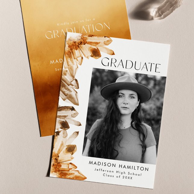 Watercolor Crystal Orange Photo Graduation Party Invitation (Creator Uploaded)