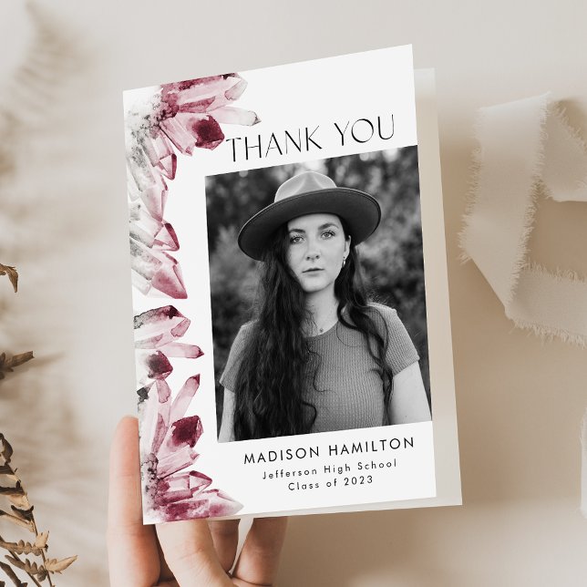 Watercolor Crystals Burgundy Photo Graduation Thank You Card (Creator Uploaded)