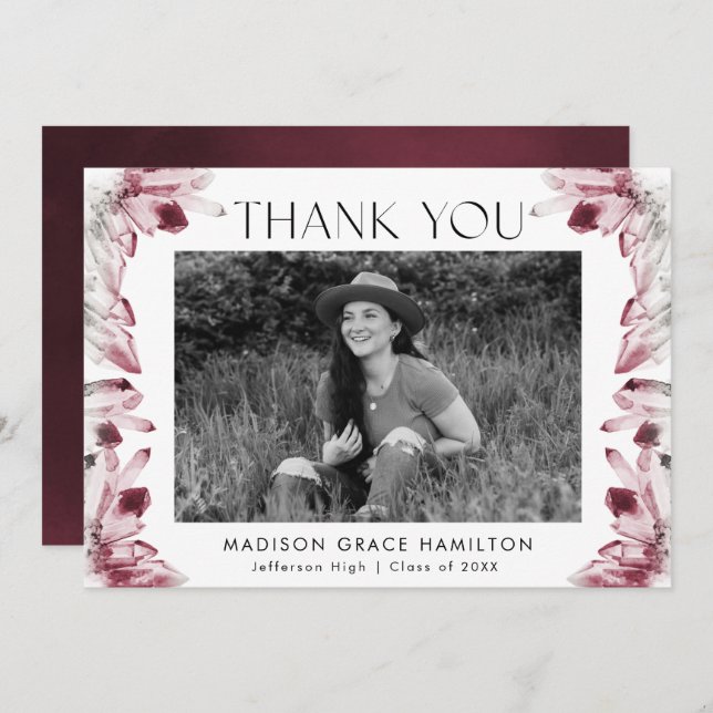Watercolor Crystals Burgundy Photo Graduation Thank You Card (Front/Back)