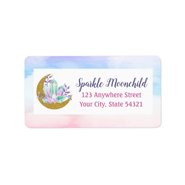 Watercolor Crystals & Gold Crescent Moon Address Label (Front)