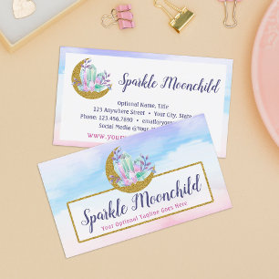 Watercolor Crystals & Gold Crescent Moon Boutique Business Card