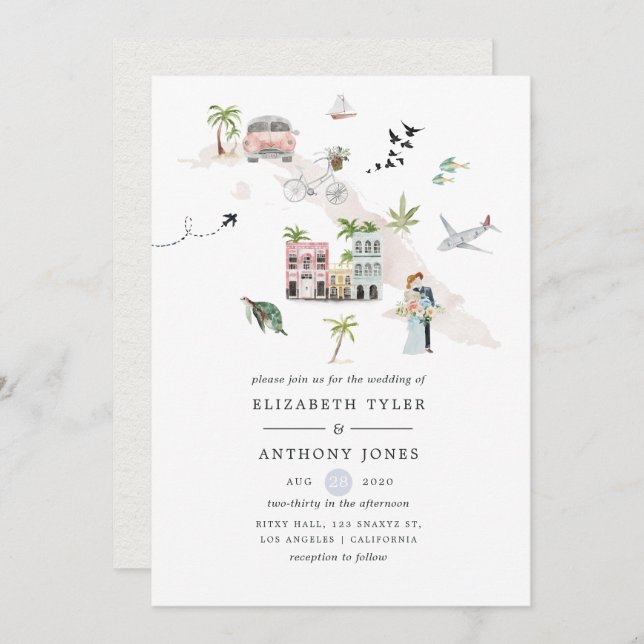 Watercolor Cuba Destination Wedding Invitation (Front/Back)