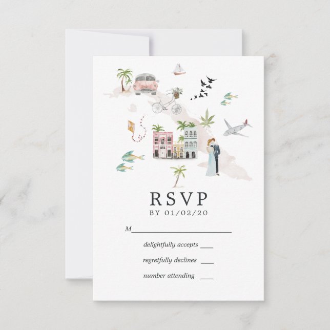 Watercolor Cuba Destination Wedding RSVP Card (Front)