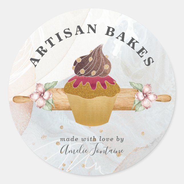 Watercolor Cupcake Bakery Pastry Chef  Classic Round Sticker (Front)