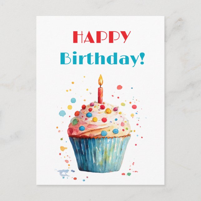 Watercolor Cupcake Happy Birthday Holiday Postcard (Front)