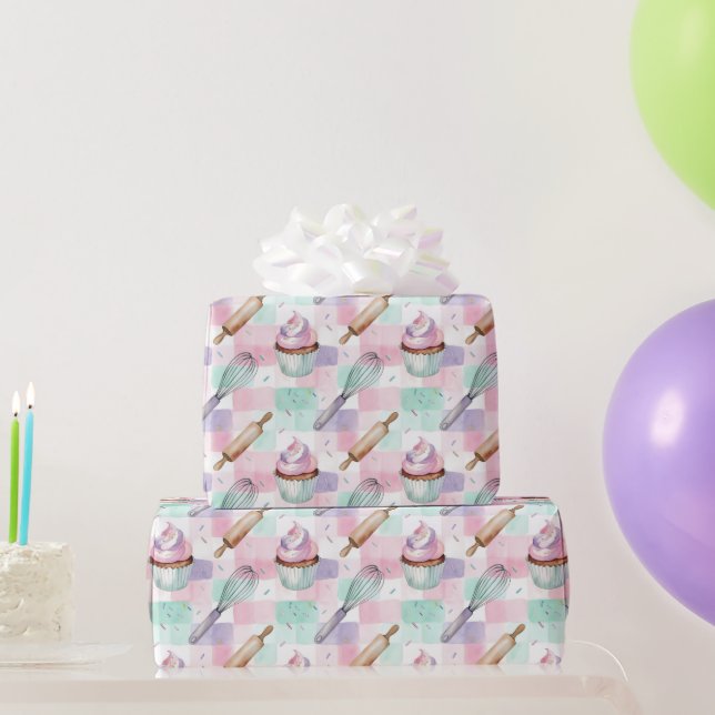 Watercolor Cupcake Pattern Pastel Pink  Wrapping Paper (Party Gifts)