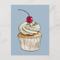 Watercolor Cupcake with Whipped Cream and Cherry
