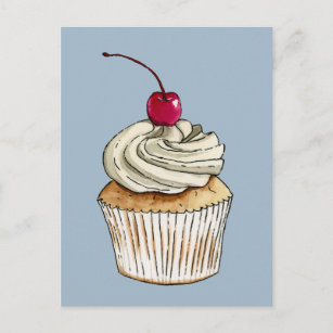 Watercolor Cupcake with Whipped Cream and Cherry Postcard