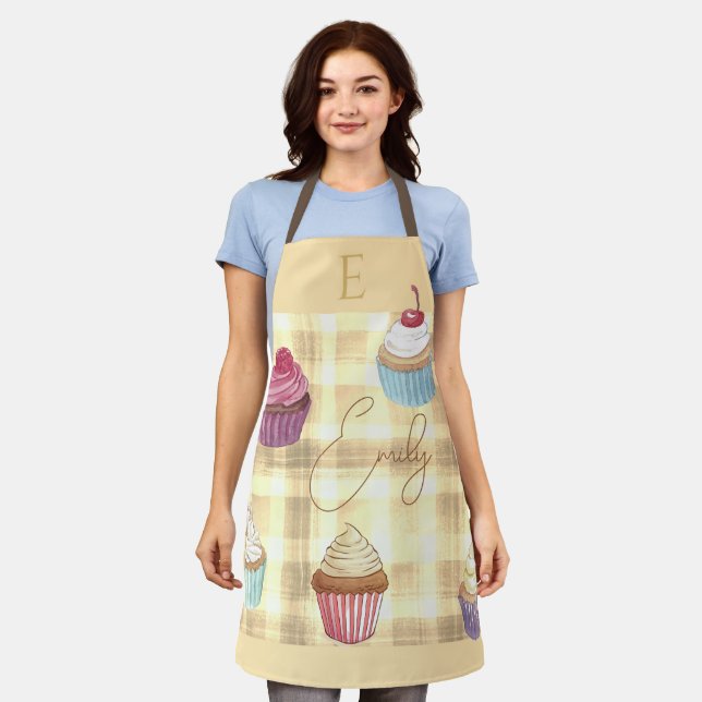 Watercolor Cupcake Yellow Plaid Monogram Baker's Apron (Worn)