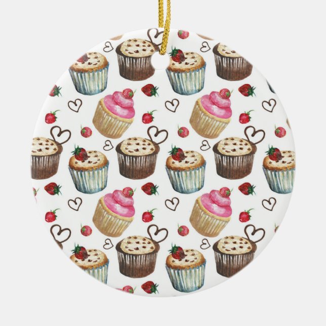 Watercolor cupcakes ceramic ornament (Front)