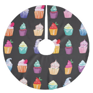 Watercolor Cupcakes: Charming Seamless Background Brushed Polyester Tree Skirt