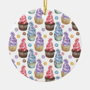Watercolor cupcakes colourful ceramic tree decoration
