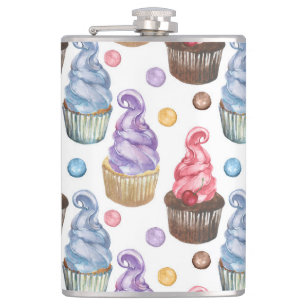 Watercolor cupcakes colourful hip flask