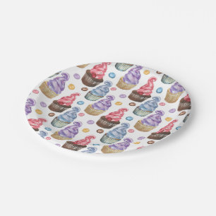 Watercolor cupcakes colourful paper plate