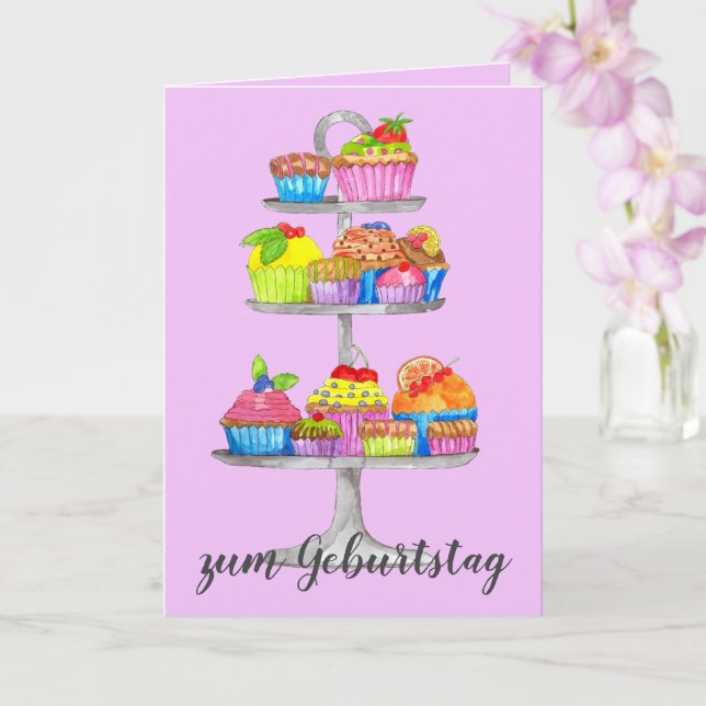 Watercolor cupcakes German Birthday Card (Orchid)