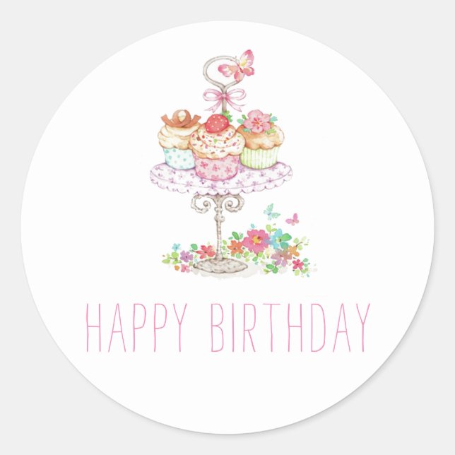 Watercolor Cupcakes Happy Birthday Classic Round Sticker (Front)