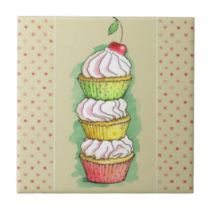 Watercolor cupcakes. Kitchen illustration. Ceramic Tile