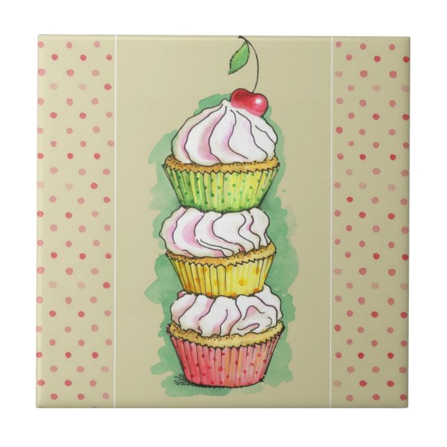 Watercolor cupcakes. Kitchen illustration. Ceramic Tile (Front)