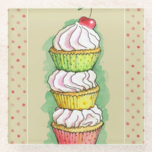 Watercolor cupcakes. Kitchen illustration. Glass Coaster
