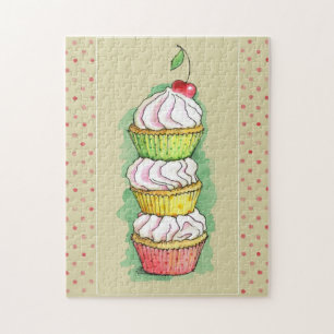 Watercolor cupcakes. Kitchen illustration. Jigsaw Puzzle