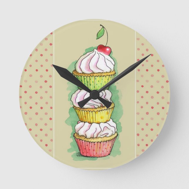 Watercolor cupcakes. Kitchen illustration. Round Clock (Front)