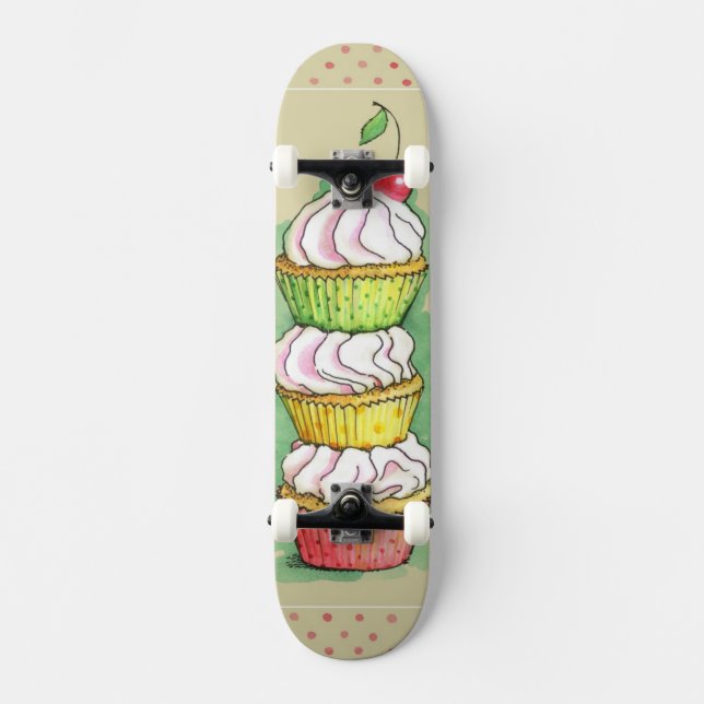 Watercolor cupcakes. Kitchen illustration. Skateboard (Front)