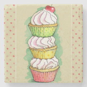 Watercolor cupcakes. Kitchen illustration. Stone Coaster