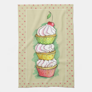 Watercolor cupcakes. Kitchen illustration. Tea Towel