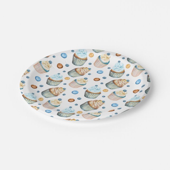 Watercolor cupcakes paper plate (Angled)