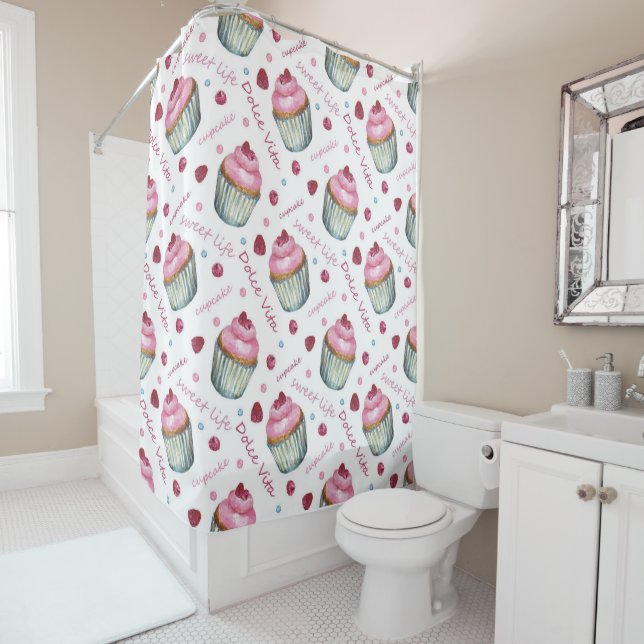 Watercolor cupcakes shower curtain (In Situ)