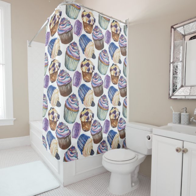Watercolor cupcakes shower curtain (In Situ)